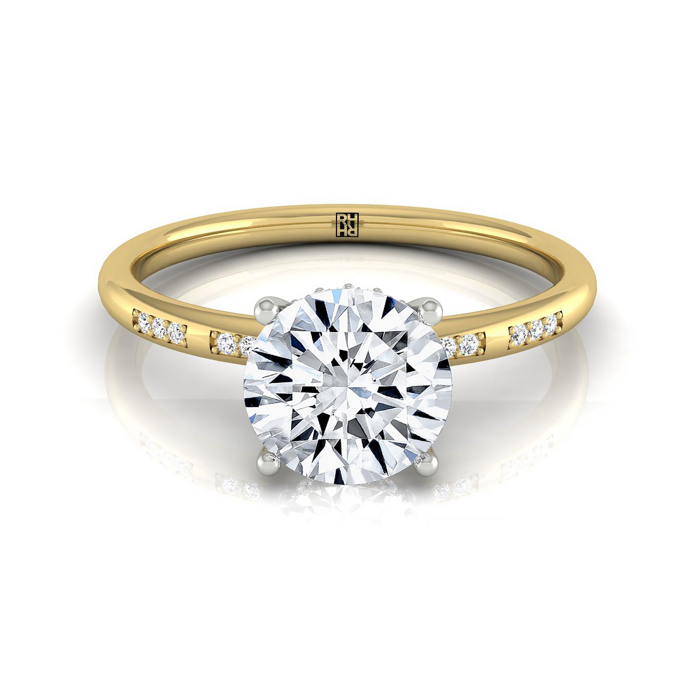 The Wanda round setting in 18K Yellow Gold, a select hidden halo pavé solitaire design from RockHer
