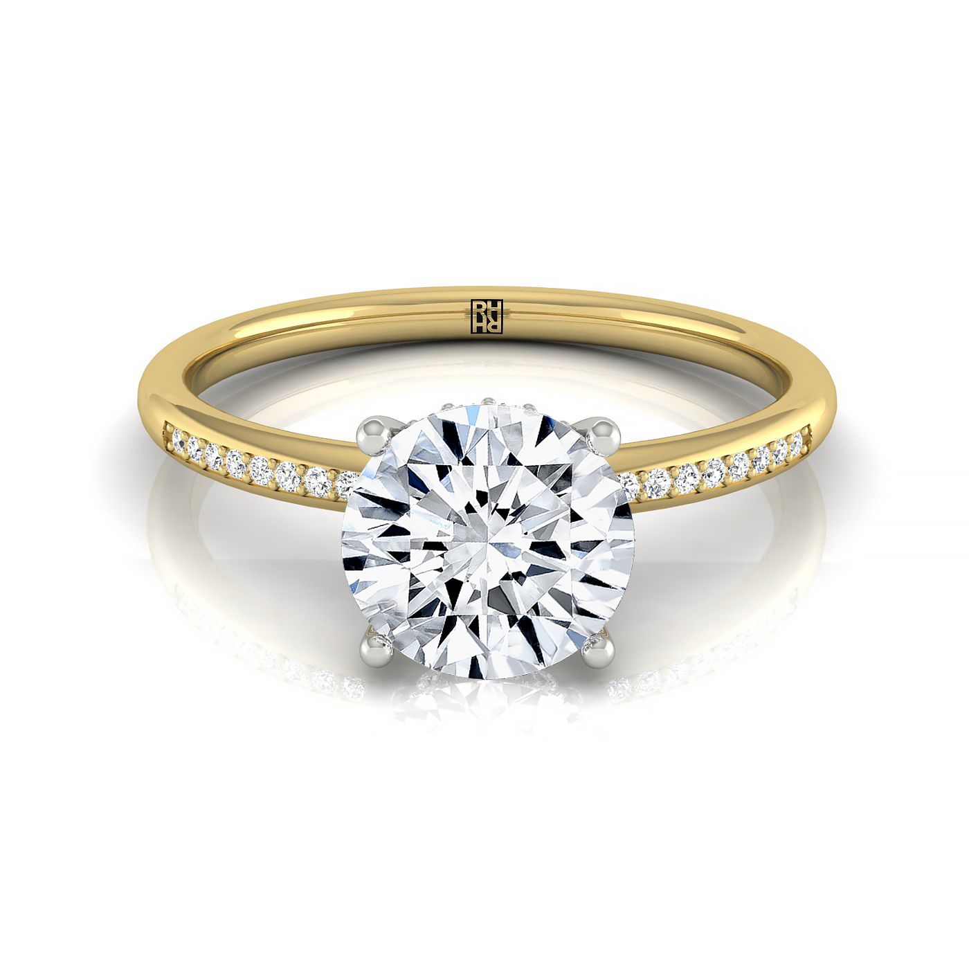 The Brenda round setting in 18K Yellow Gold, a select high hidden halo solitaire design from RockHer