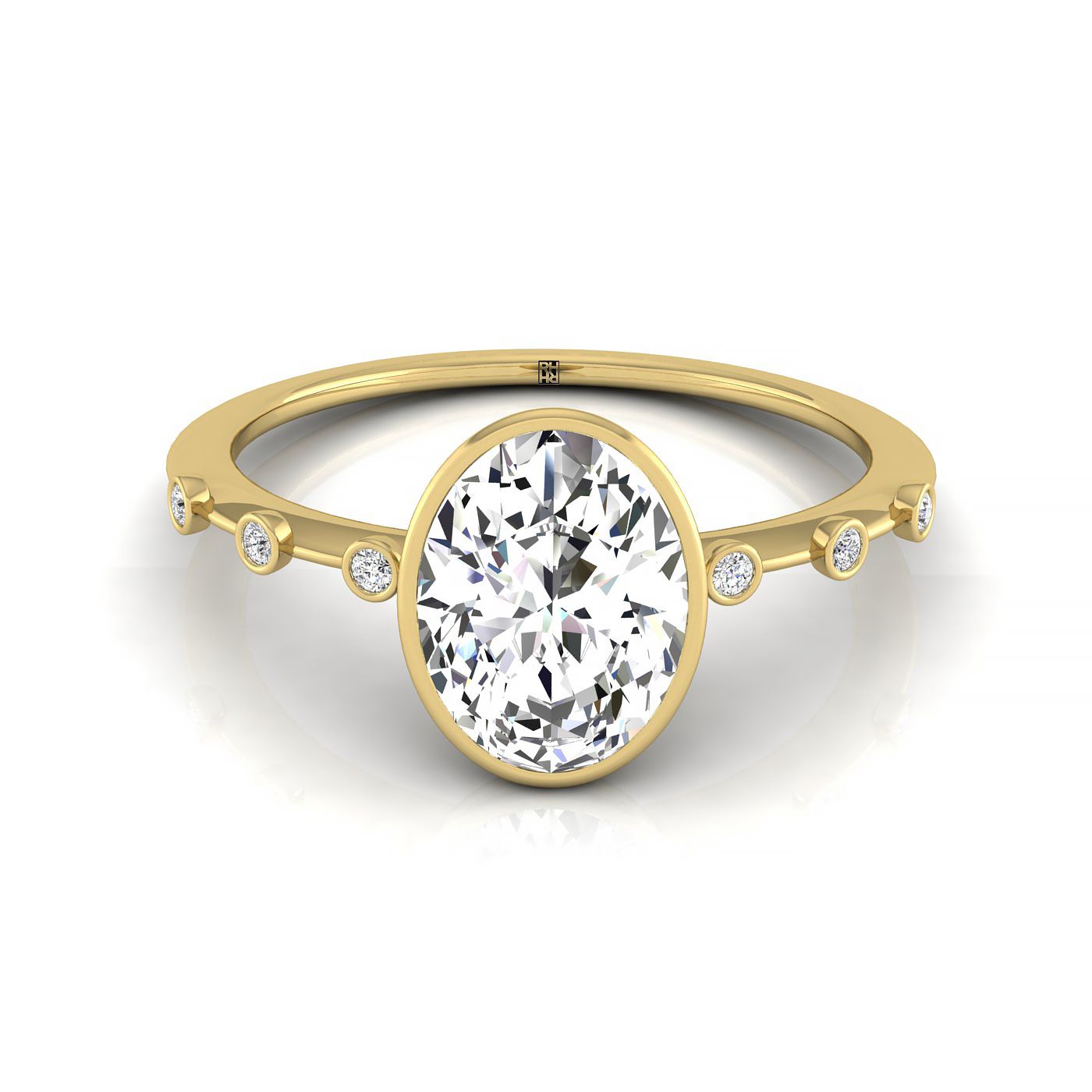 The Brandi oval setting in 18K Yellow Gold, a select bezel accent solitaire design from RockHer