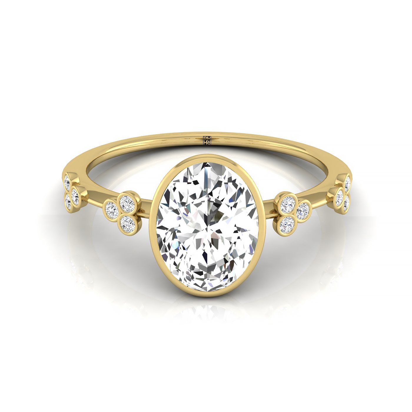 The Miley oval setting in 18K Yellow Gold, a select clover bezel accent solitaire design from RockHer