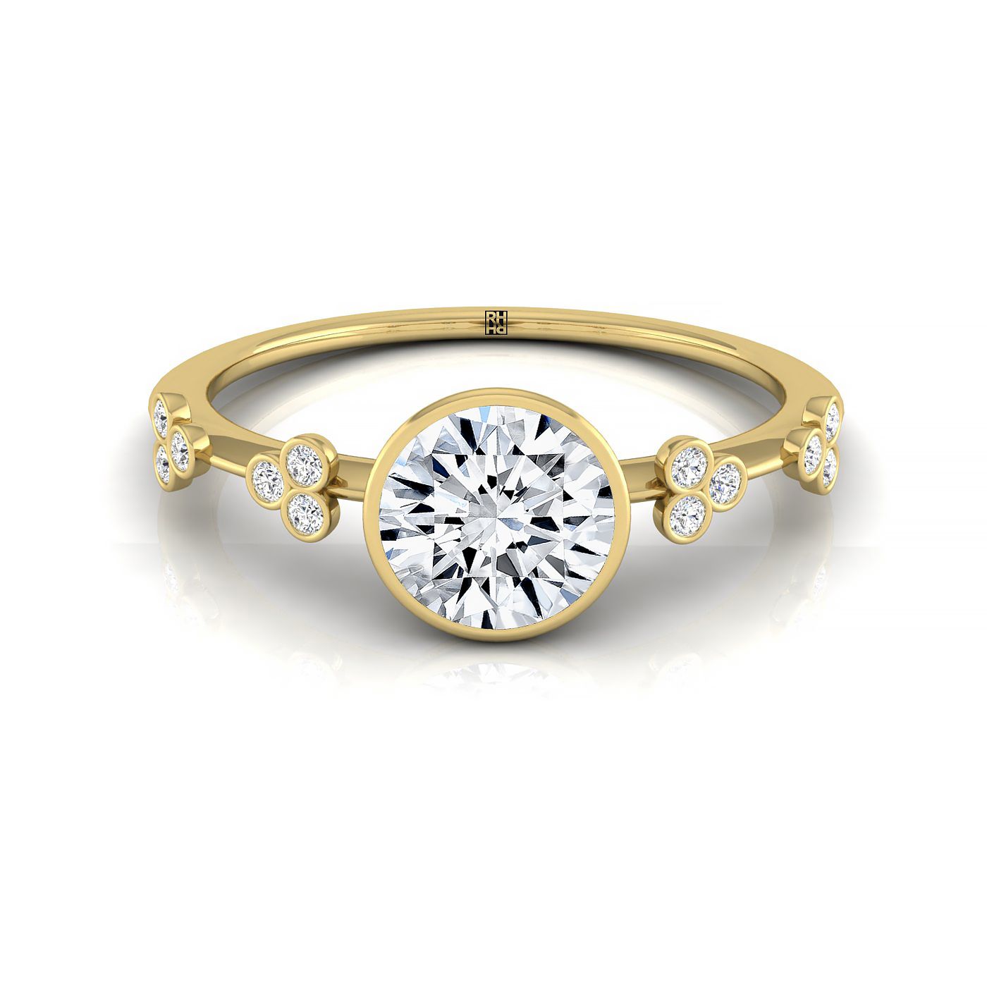 The Miley select clover bezel accent solitaire engagement ring setting, shown in 18K Yellow Gold | RockHer