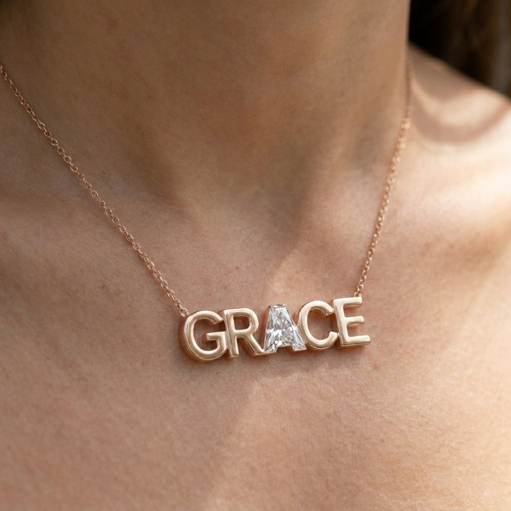 GRACE lab-grown diamond necklace in 14K Rose Gold, worn on neck