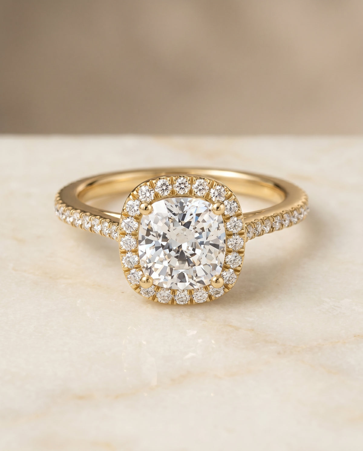 The Sonata Pavé Halo Engagement Ring Setting for Cushion Diamonds in 18K Yellow Gold | RockHer