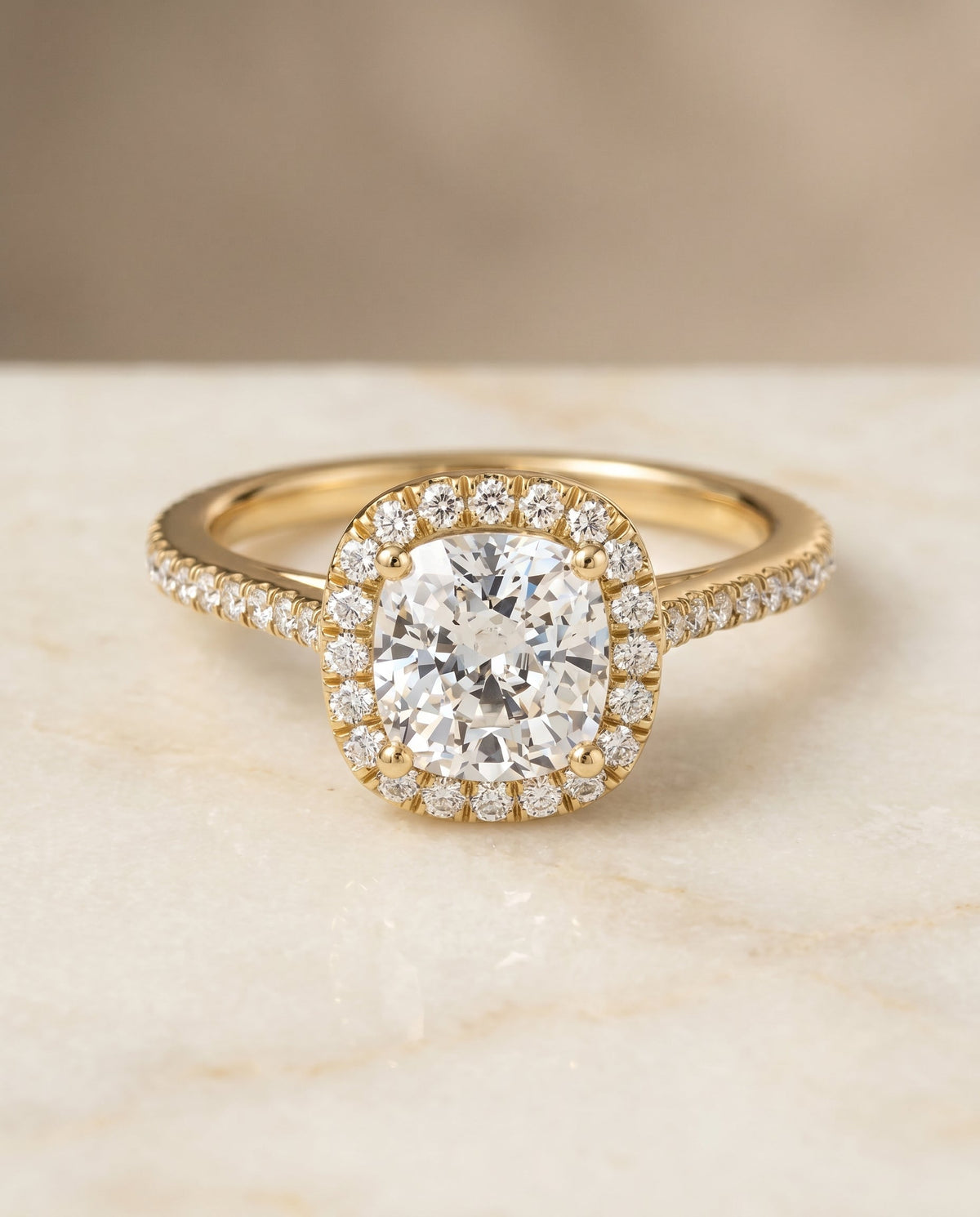 Sonata Select Graduated Shank Pavé Halo Cushion Cut Lab Diamond Engagement Ring in 18K Yellow Gold, alternate angle | RockHer