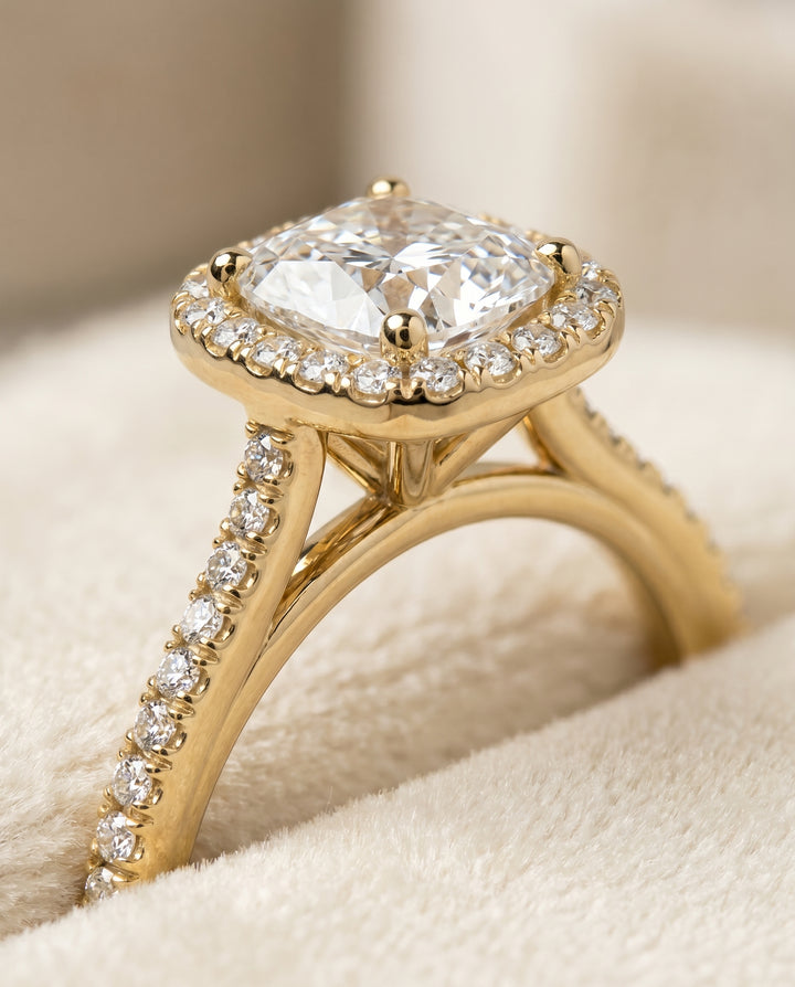 The Sonata Pavé Halo Engagement Ring Setting for Cushion Diamonds in 18K Yellow Gold