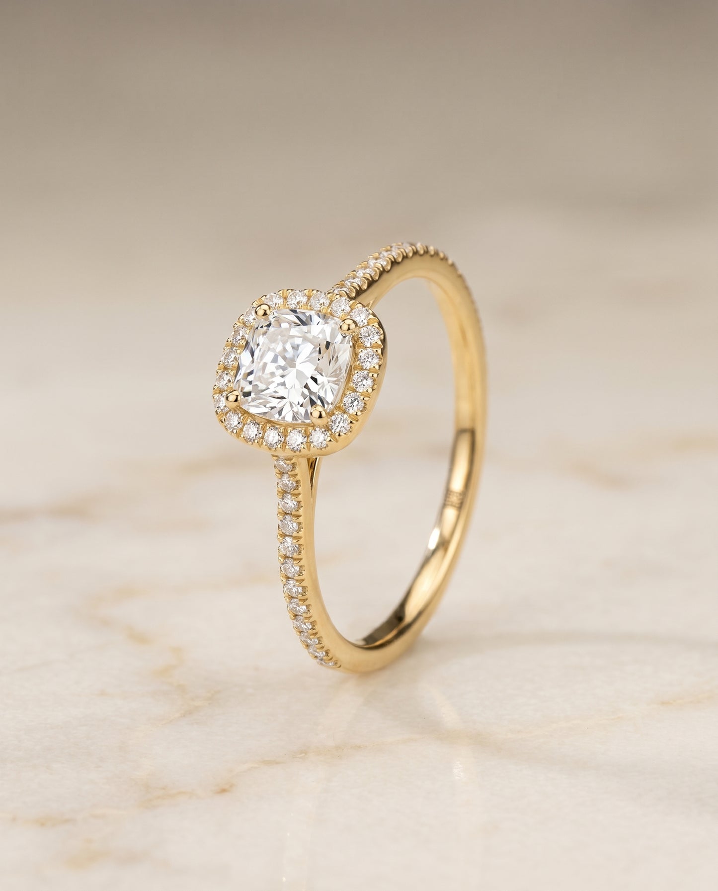 The Sonata Pavé Halo Engagement Ring Setting for Cushion Diamonds in 18K Yellow Gold