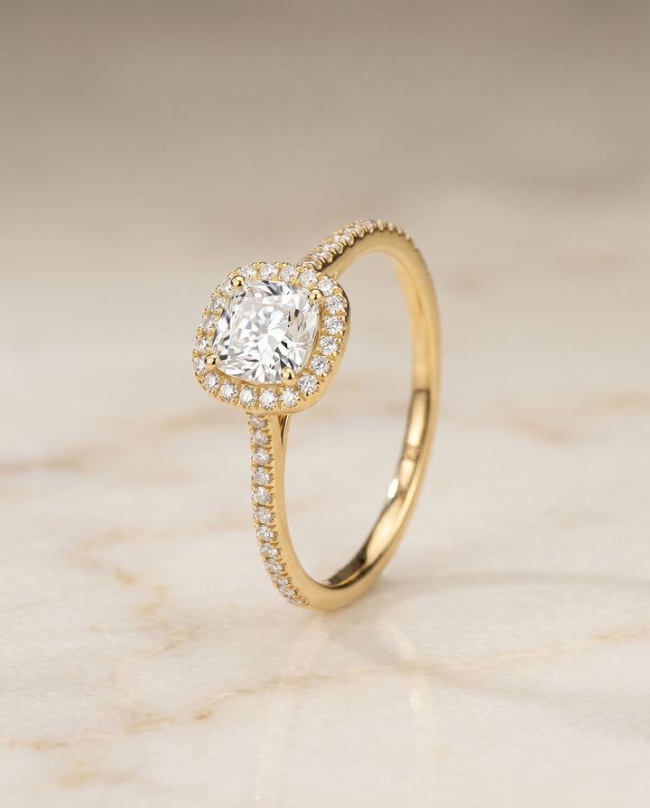 The Sonata Pavé Halo Engagement Ring Setting for Cushion Diamonds in 18K Yellow Gold