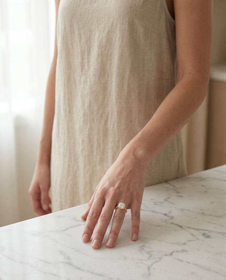 The Sonata Pavé Halo Engagement Ring Setting for Cushion Diamonds in 18K Yellow Gold