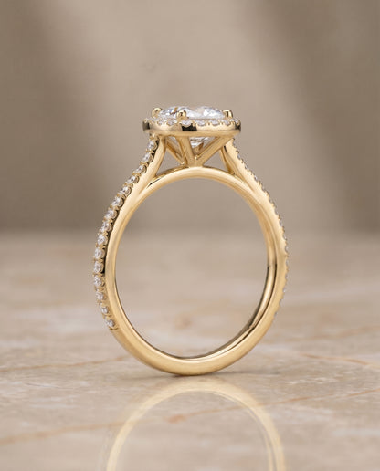 The Sonata Graduated Shank Pavé Halo Cushion Cut Engagement Ring Setting in 18K Yellow Gold