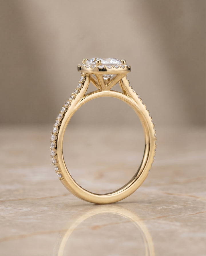 The Sonata Pavé Halo Engagement Ring Setting for Cushion Diamonds in 18K Yellow Gold