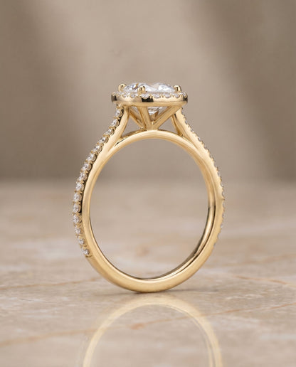 Sonata Select Graduated Shank Pavé Halo Cushion Cut Lab Diamond Engagement Ring in 18K Yellow Gold, side view | RockHer