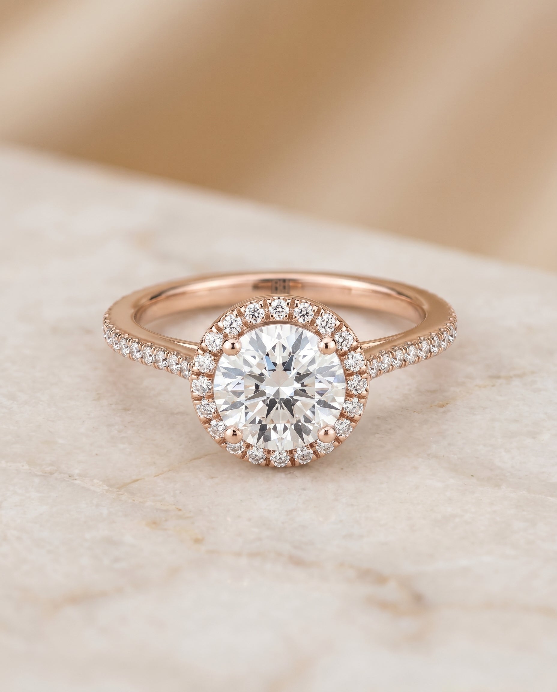 Sonata Select Graduated Shank Pavé Halo Round Lab Diamond Engagement Ring in 14K Rose Gold, alternate angle | RockHer