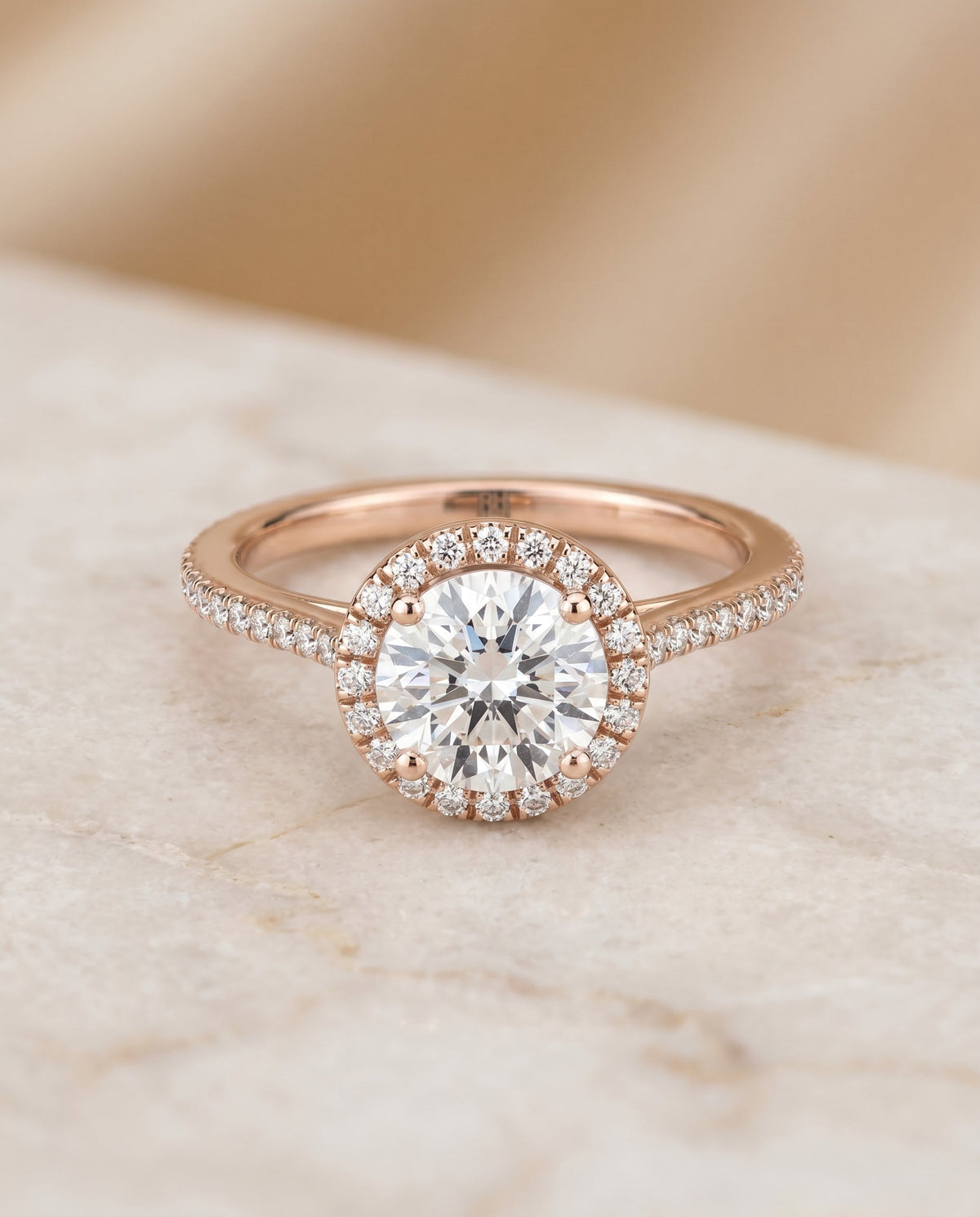 Sonata Select Graduated Shank Pavé Halo Round Lab Diamond Engagement Ring in 14K Rose Gold, alternate angle | RockHer