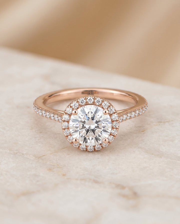 Sonata Select Graduated Shank Pavé Halo Round Lab Diamond Engagement Ring in 14K Rose Gold, alternate angle | RockHer