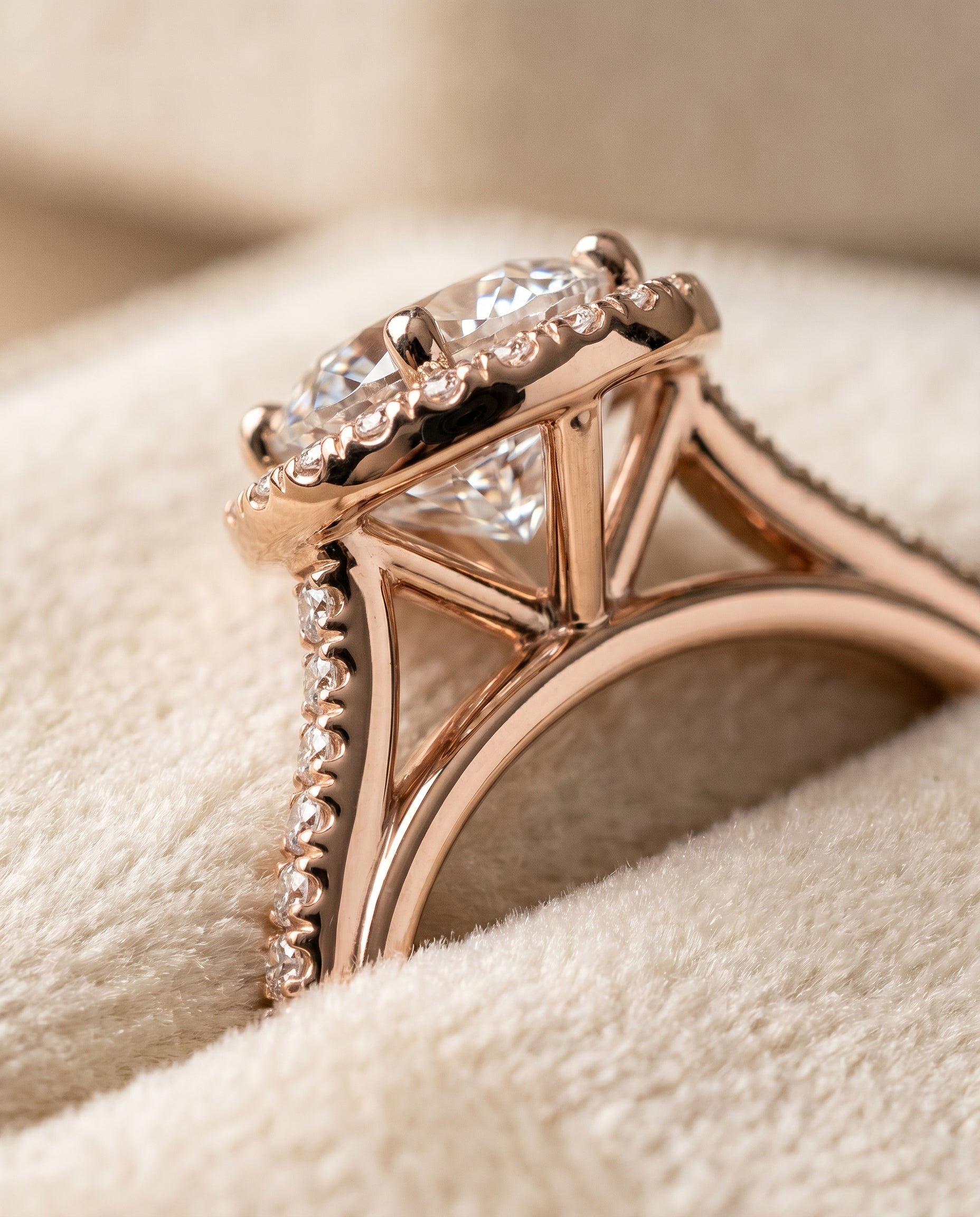Sonata Select Graduated Shank Pavé Halo Round Lab Diamond Engagement Ring in 14K Rose Gold, detail view | RockHer
