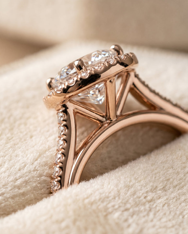 Sonata Select Graduated Shank Pavé Halo Round Lab Diamond Engagement Ring in 14K Rose Gold, detail view | RockHer