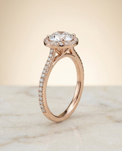 Sonata Select Graduated Shank Pavé Halo Round Lab Diamond Engagement Ring in 14K Rose Gold, front view | RockHer