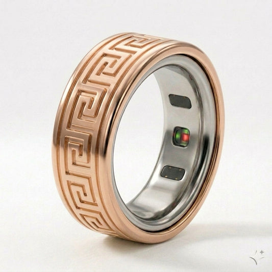 Greek Key Engraved Gold Cover for Oura Ring, in 14K Rose Gold | RockHer