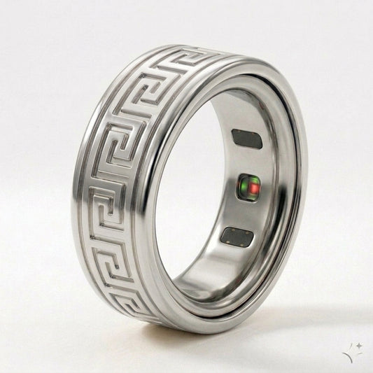 Greek Key Engraved Gold Cover for Oura Ring, in 14K White Gold | RockHer