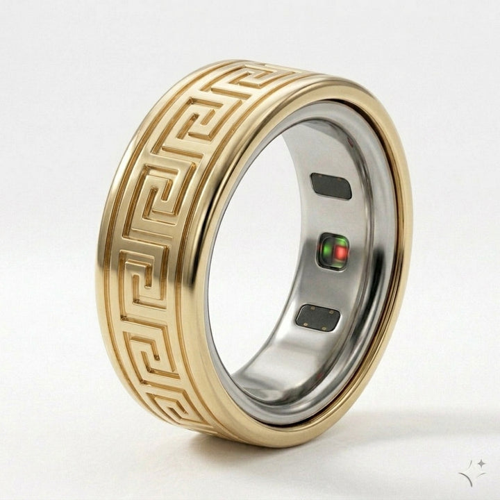 Greek Key Engraved Gold Cover for Oura Ring, in 14K Yellow Gold | RockHer