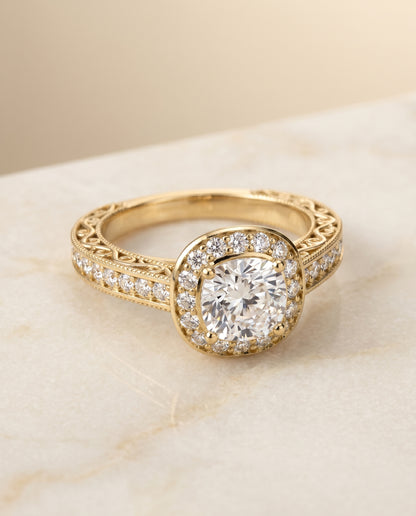 Hand-Engraved Milgrain Halo Cushion, in 18K Yellow Gold, pave setting – angled view | RockHer
