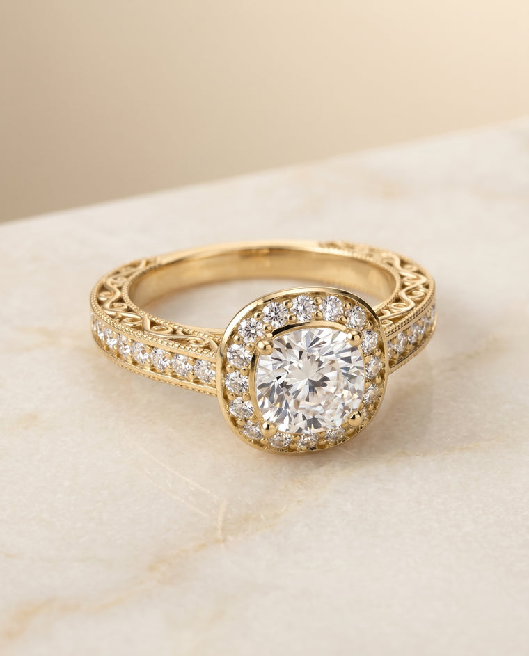 The Talea Hand Engraved Milgrain Halo Cushion Cut Engagement Ring Setting in 18K Yellow Gold