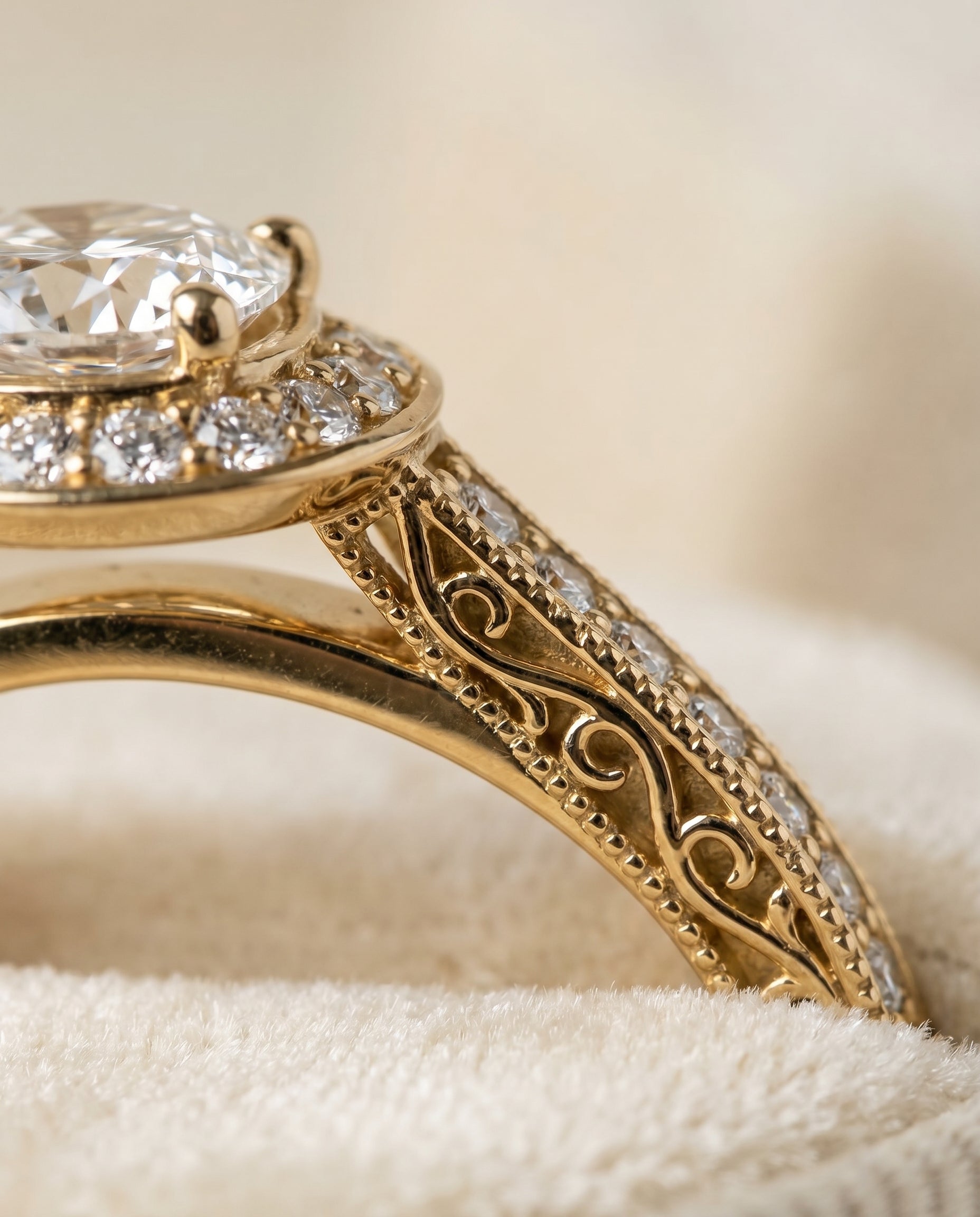 18K Yellow Gold band of The Talea cushion engagement ring setting | RockHer