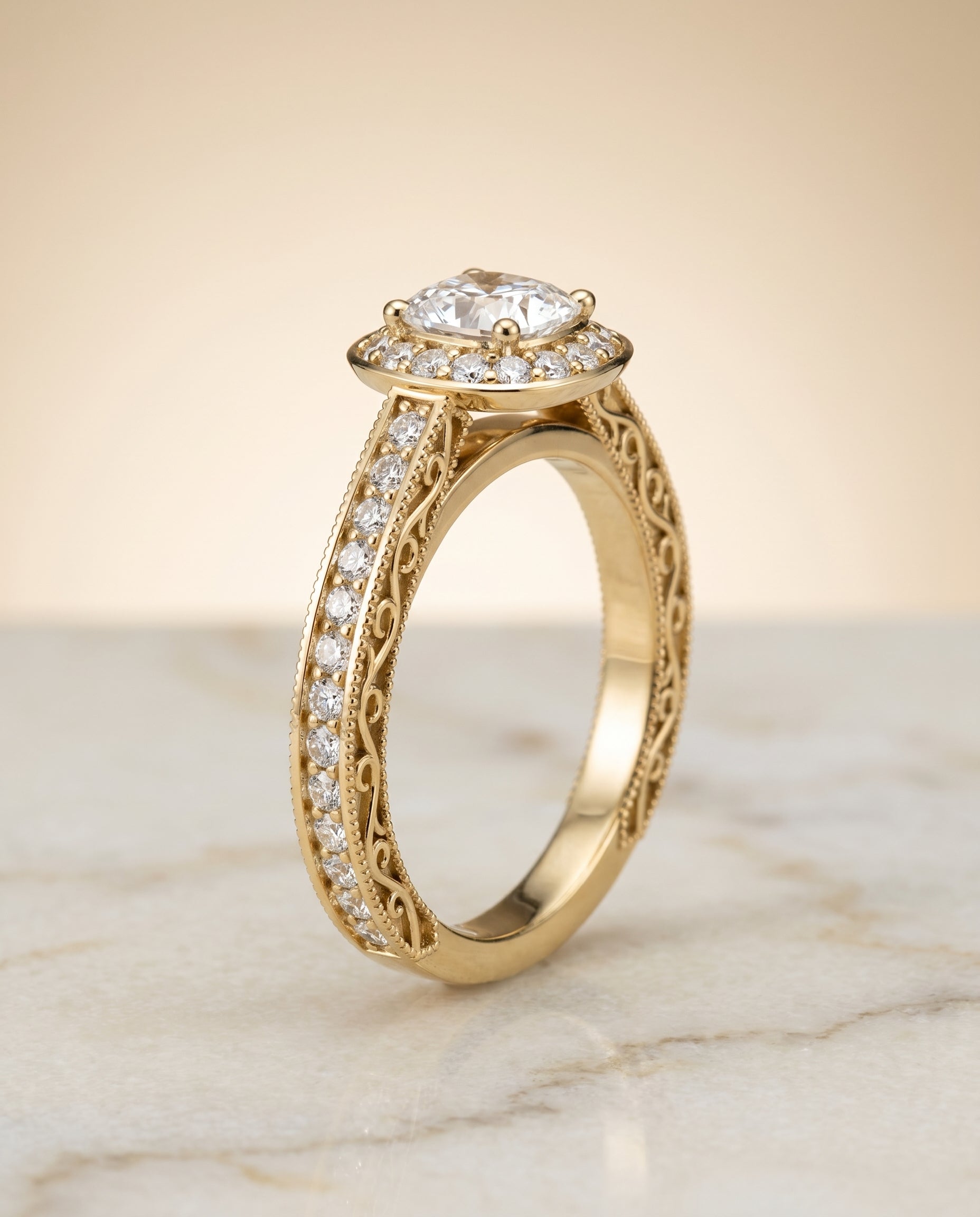 Hand Engraved Milgrain Halo Cut styling on The Talea cushion engagement ring setting | RockHer