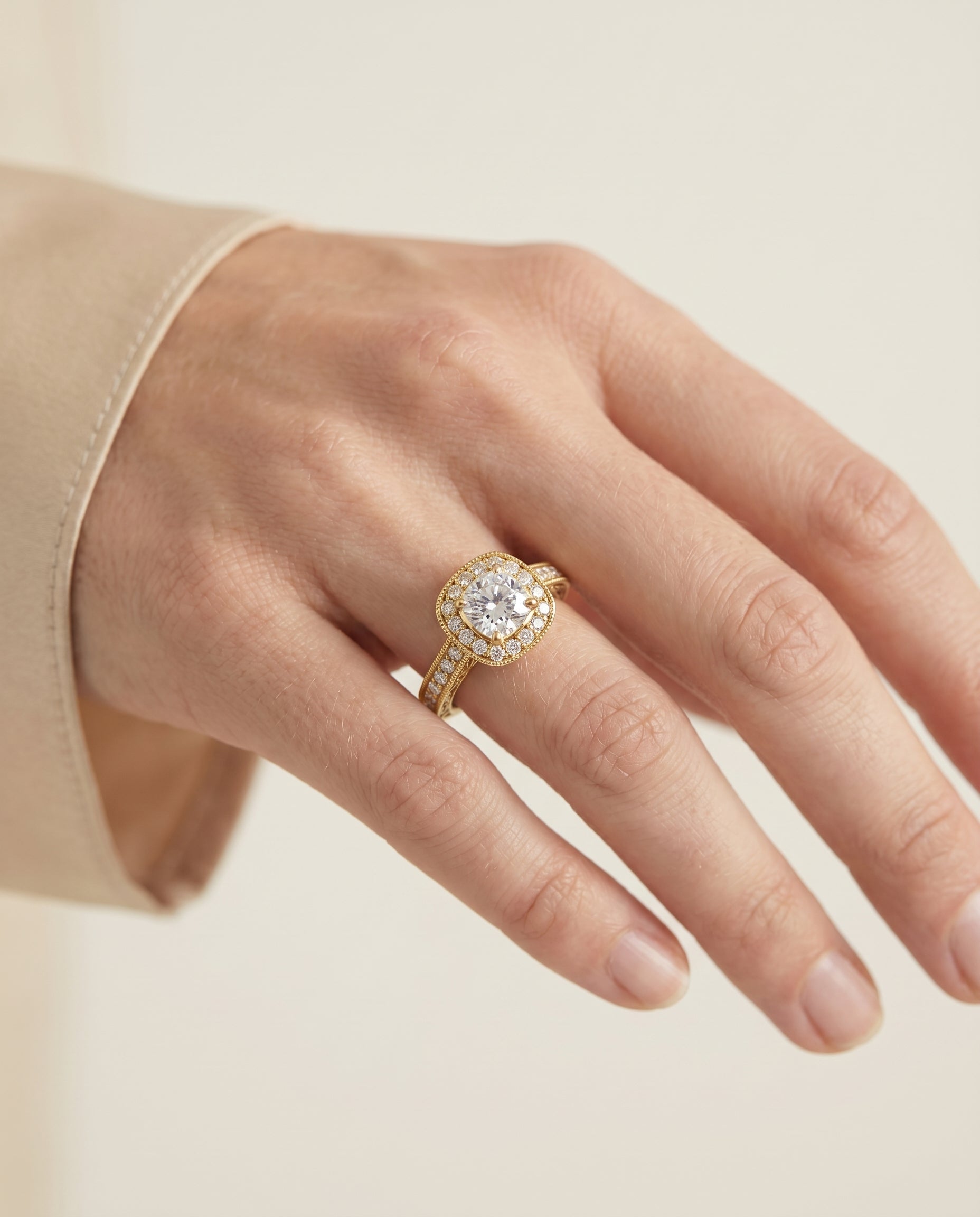 The Talea engagement ring setting in 18K Yellow Gold, hand engraved milgrain halo cut design | RockHer