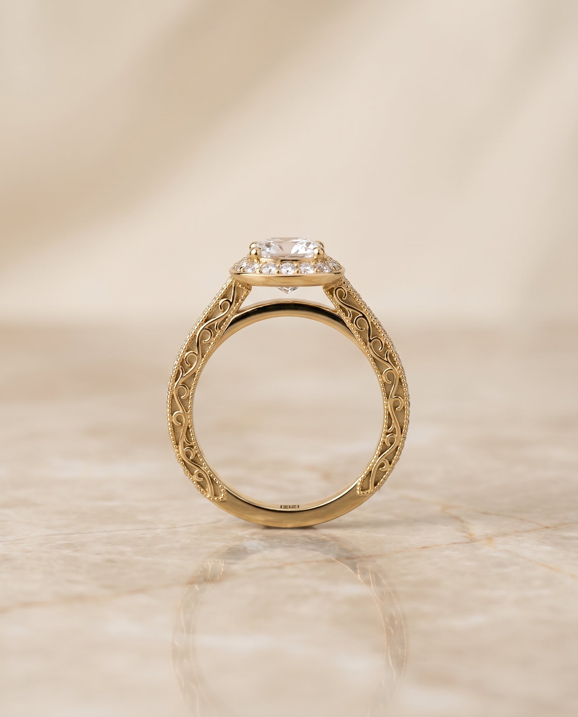 The Talea hand engraved milgrain halo cut engagement ring setting, shown in 18K Yellow Gold | RockHer