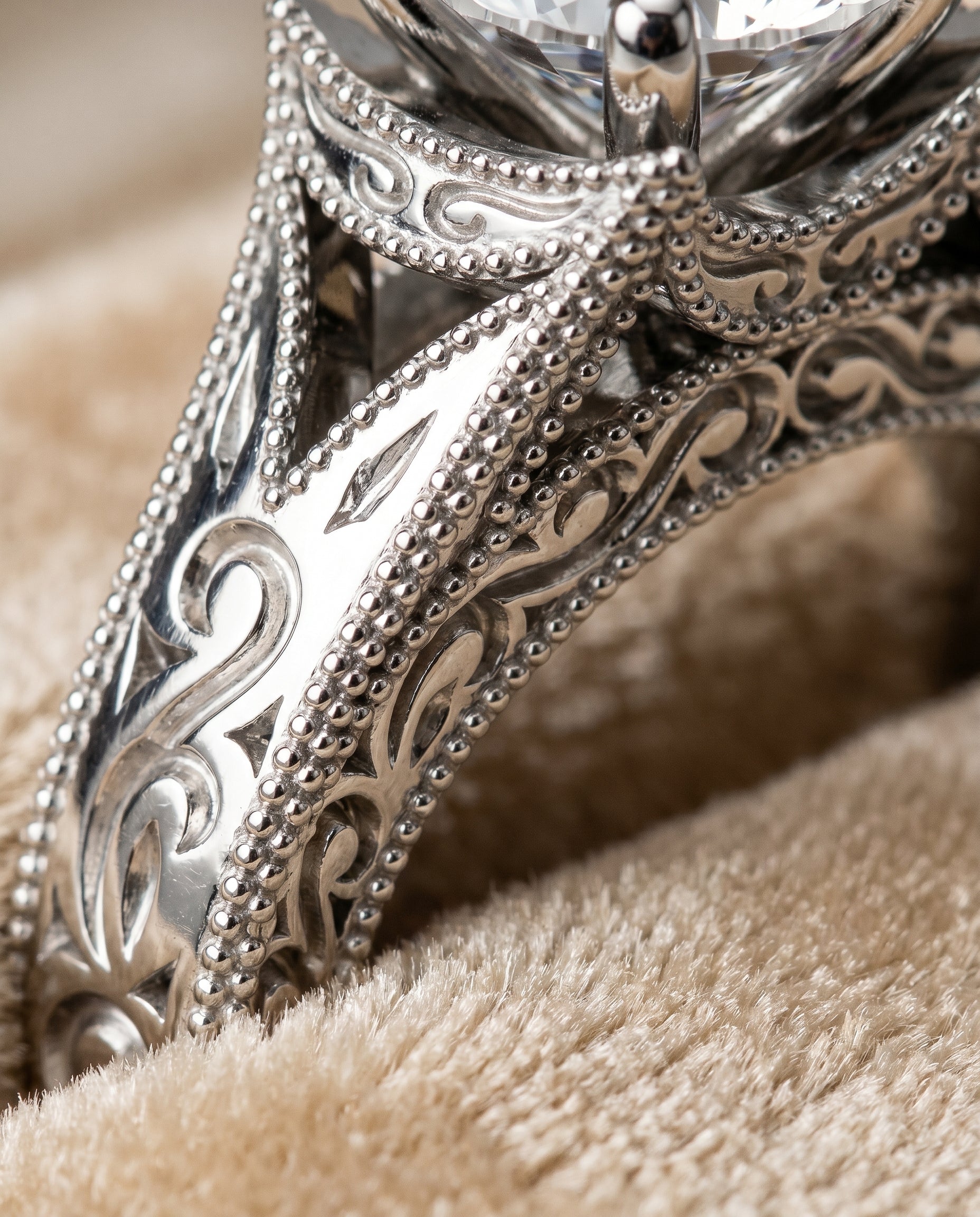 18K White Gold band of The Janis cushion engagement ring setting | RockHer