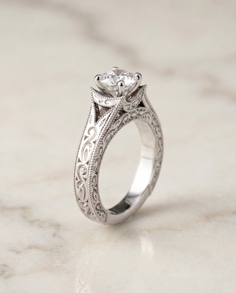 The Janis Hand Engraved Milgrain Vintage Solitaire Cushion Cut Engagement Ring Setting in Platinum