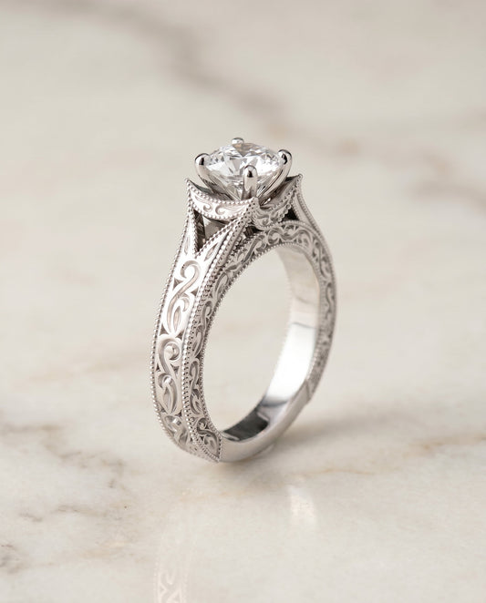 Janis Select Hand Engraved Milgrain Vintage Solitaire Cushion in 18K White Gold – view 1