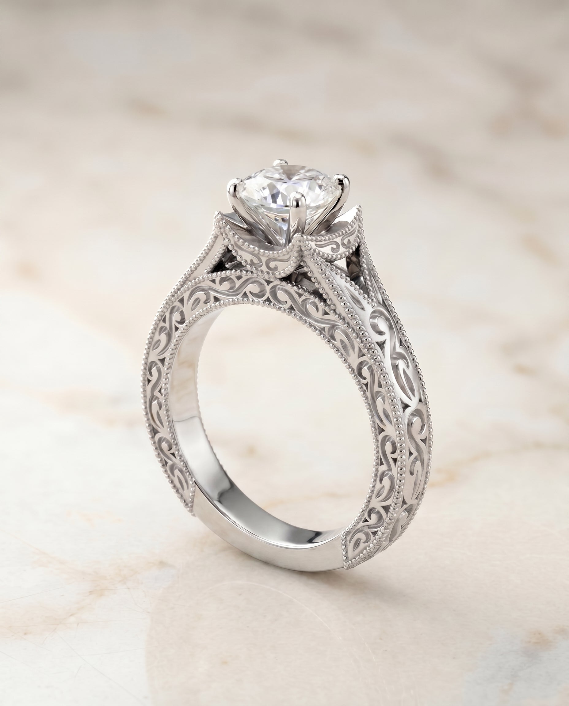 Hand Engraved Milgrain Vintage Solitaire Cut styling on The Janis cushion engagement ring setting | RockHer