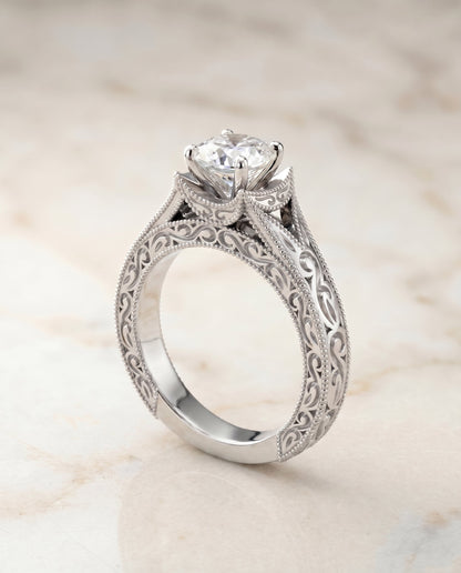 Janis Select Hand Engraved Milgrain Vintage Solitaire Cushion Cut Lab Diamond Engagement Ring in Platinum, shown on hand, angled | RockHer