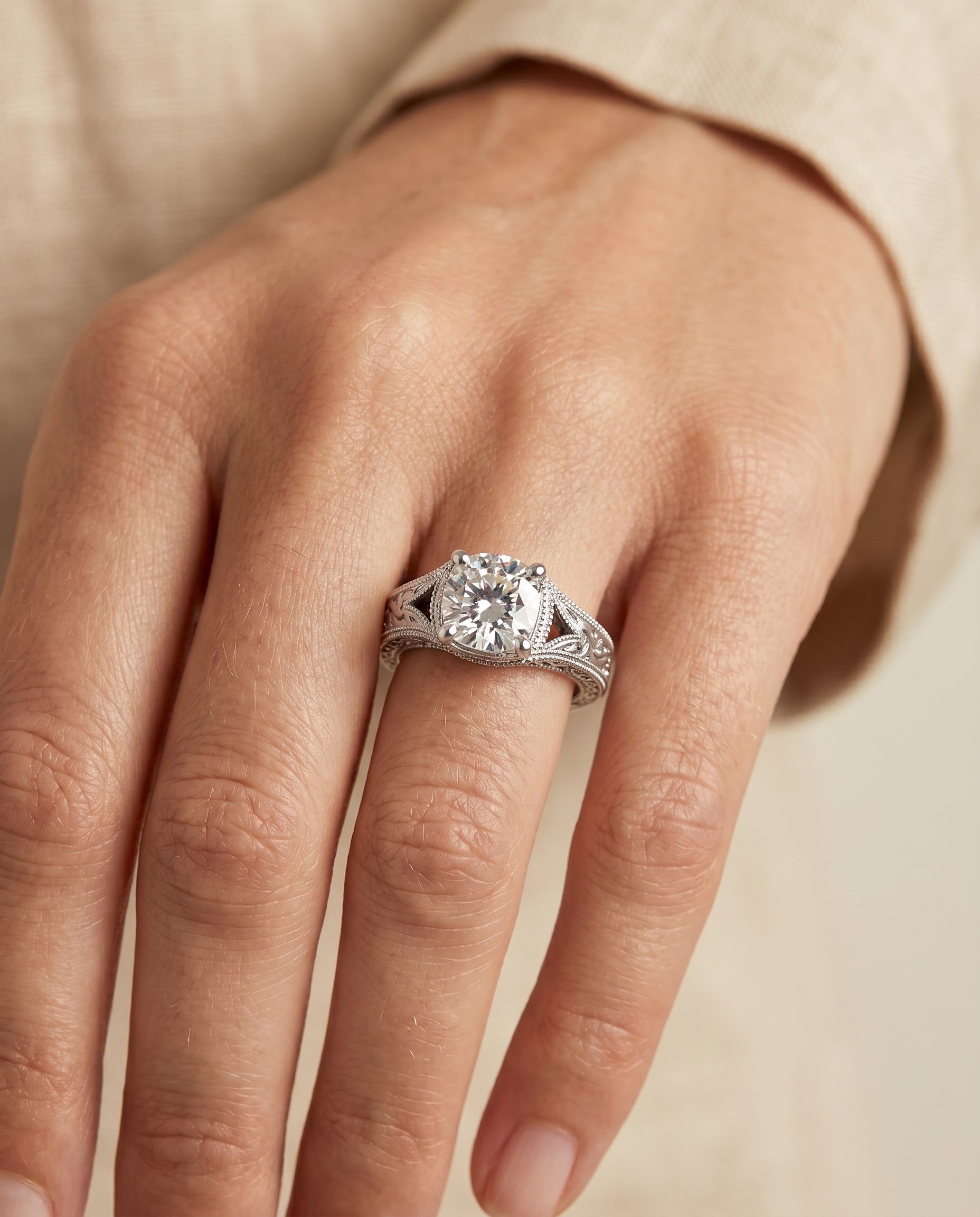 The Janis engagement ring setting in Platinum, hand engraved milgrain vintage solitaire cut design | RockHer