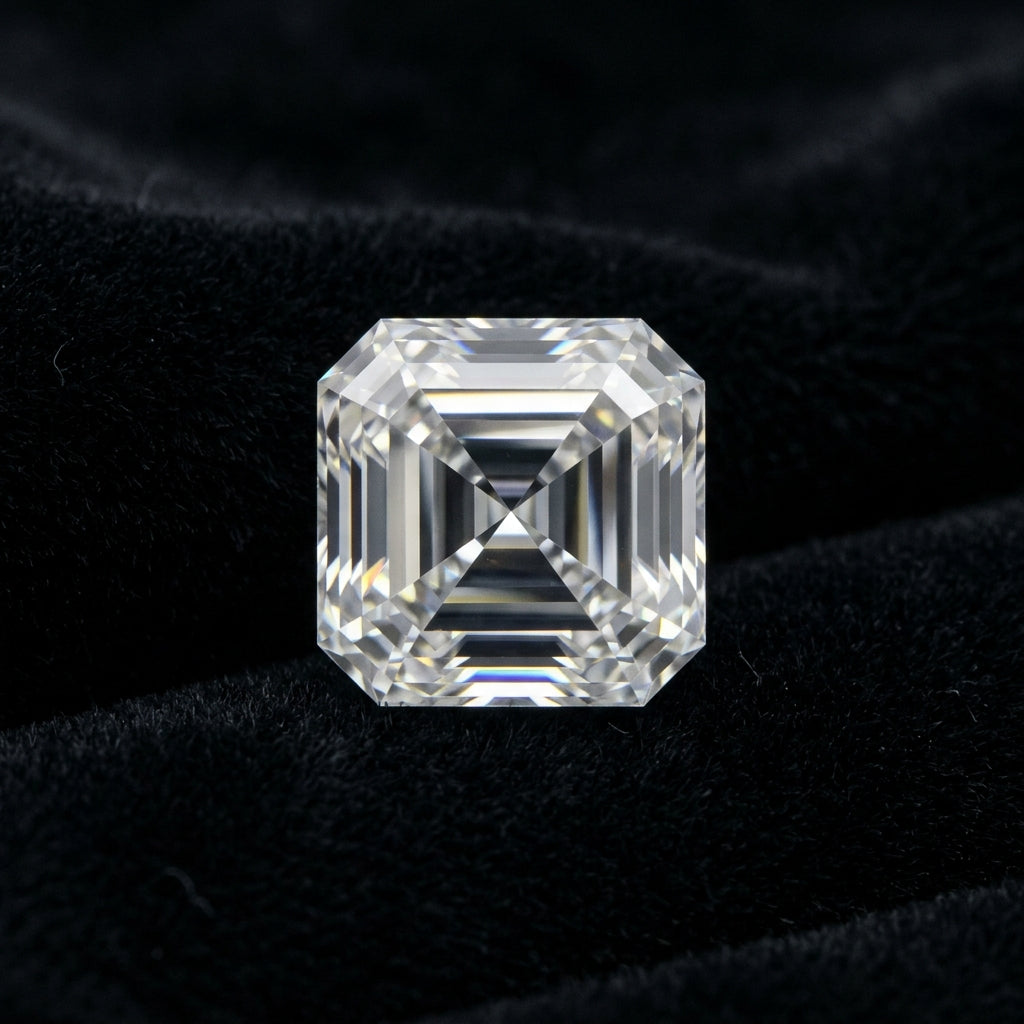 1-1/2 Carat Asscher Lab Grown Diamond, black velvet studio view