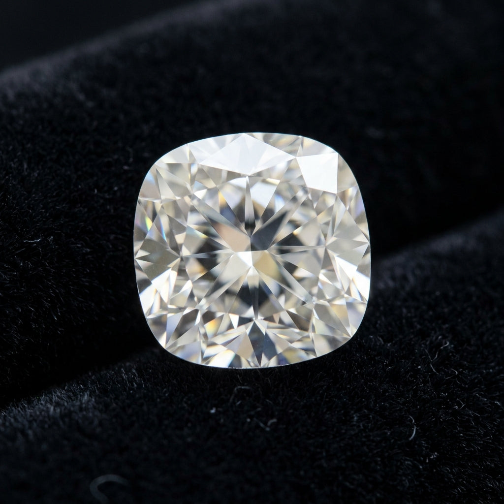 2-1/2 Carat Cushion Lab Grown Diamond, black velvet studio view