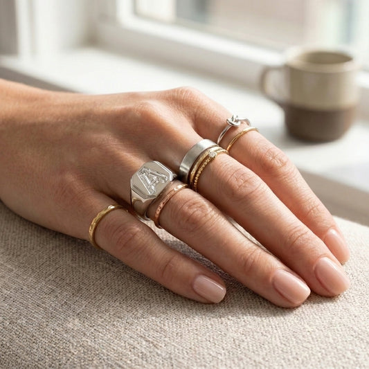 Women's Hexagon lab-grown diamond letter signet ring in Platinum, letter A, worn on hand