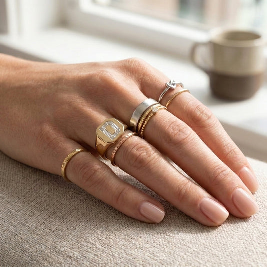 Women's Hexagon lab-grown diamond letter signet ring in 14K Yellow Gold, letter D, worn on hand