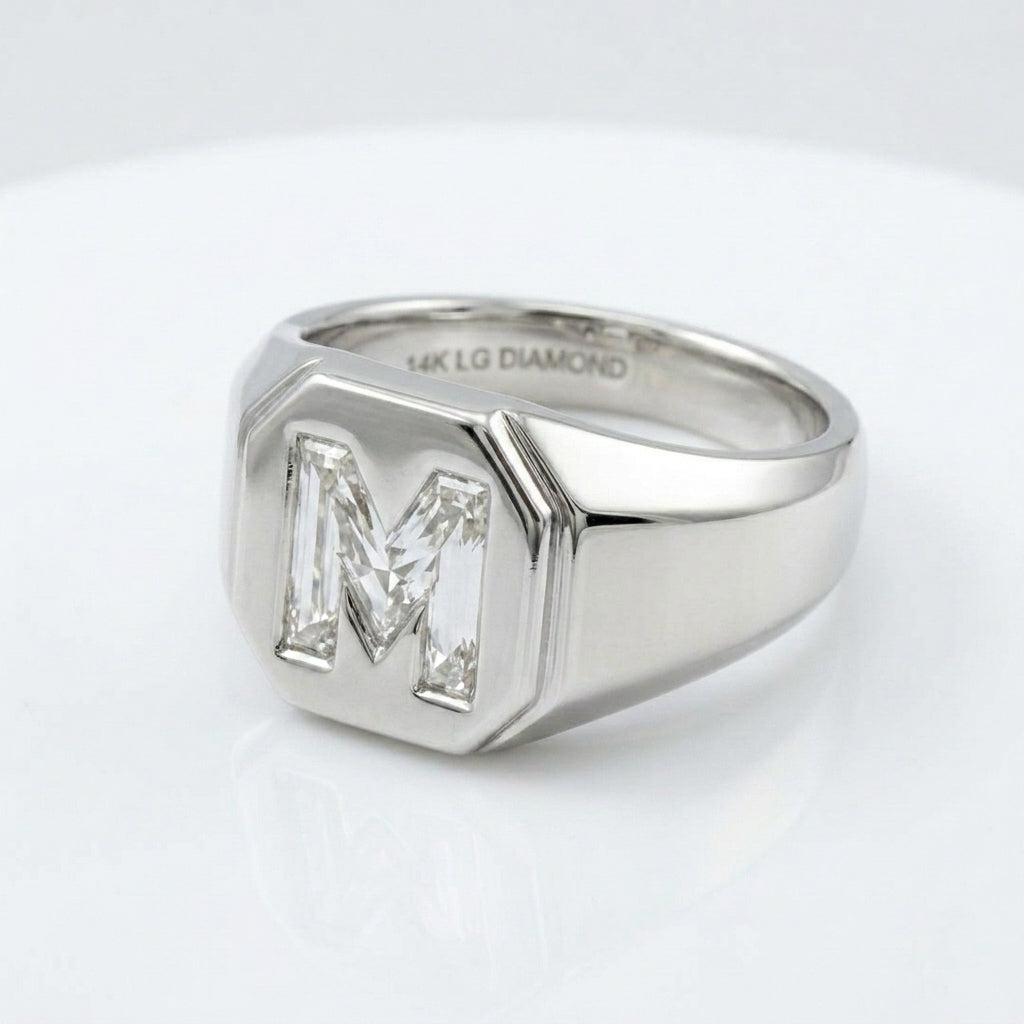 Women's Hexagon lab-grown diamond letter signet ring in Platinum, letter M, product photography