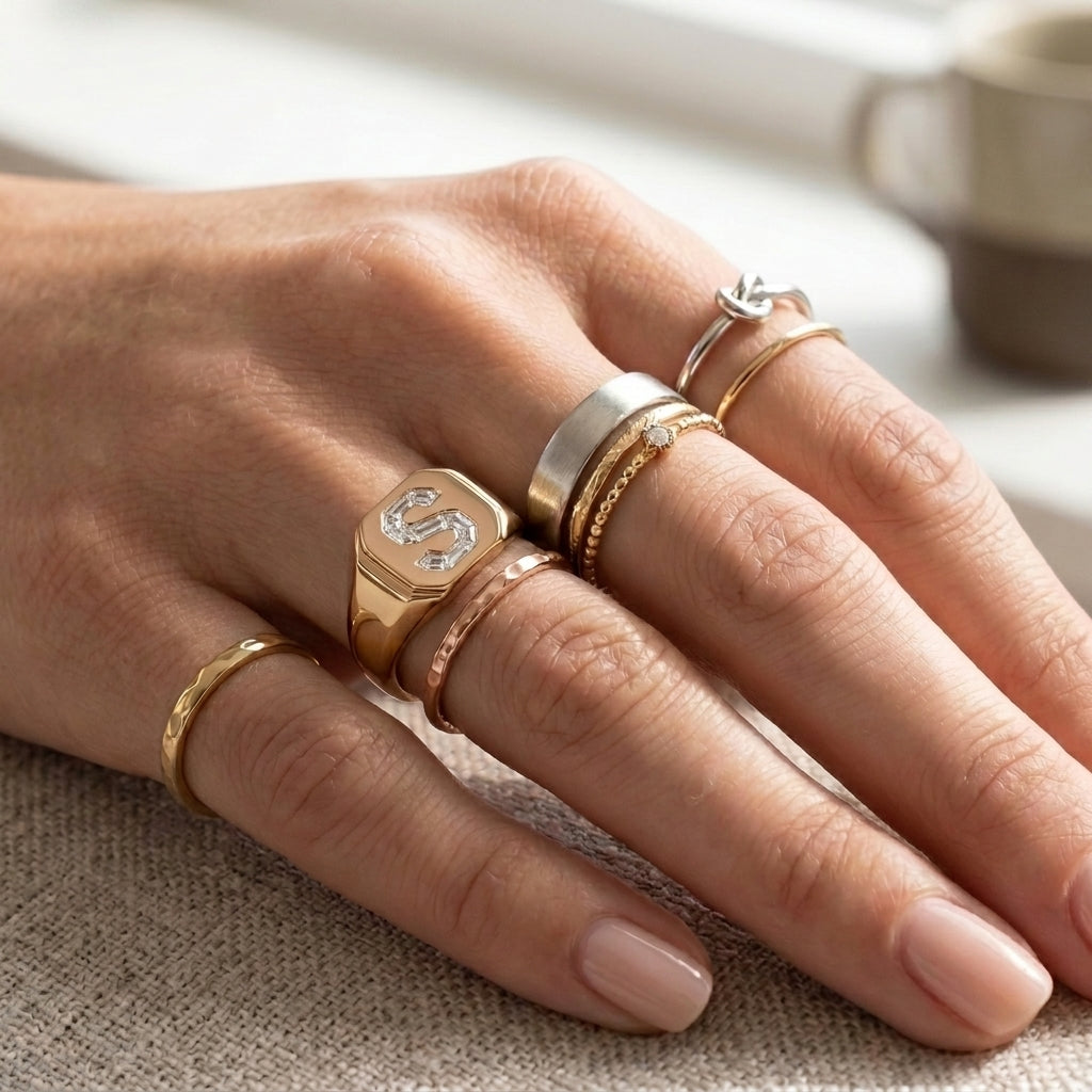 Women's Hexagon lab-grown diamond letter signet ring in 14K Rose Gold, letter S, worn on hand
