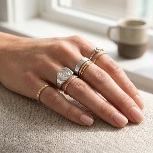 Women's Hexagon lab-grown diamond letter signet ring in 14K White Gold, letter S, worn on hand