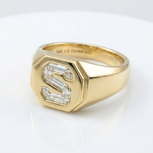 Women's Hexagon lab-grown diamond letter signet ring in 14K Yellow Gold, letter S, product photography