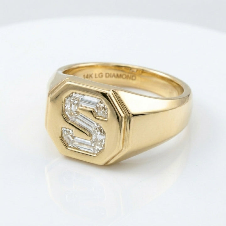 Women's Hexagon lab-grown diamond letter signet ring in 14K Yellow Gold, letter S, product photography