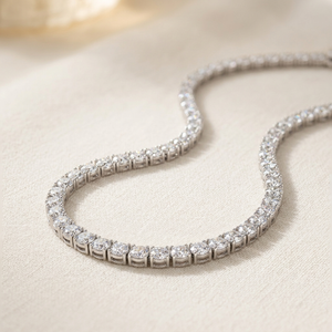 Riviera lab grown diamond tennis necklace in 14k white gold on cream linen