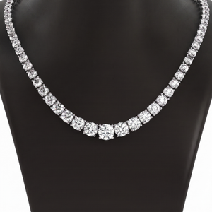 18K white gold graduated Riviera necklace, 19.67 ct natural diamonds, worn on neck | RockHer