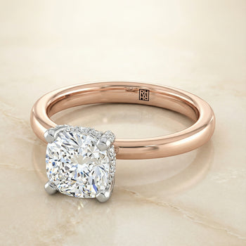 The Annabelle Hidden Pavé Basket Crown Solitaire Cushion Cut Engagement Ring Setting in 14K Rose Gold