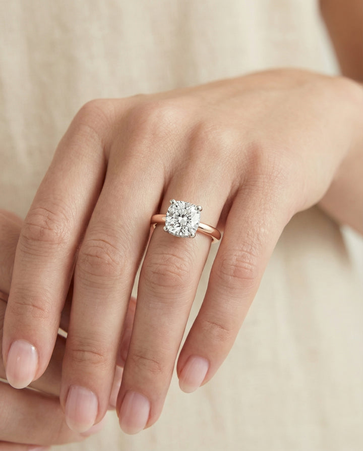 Hidden Pavé Basket Crown Solitaire Cushion, in 14K Rose Gold, prong setting – lifestyle shot | RockHer
