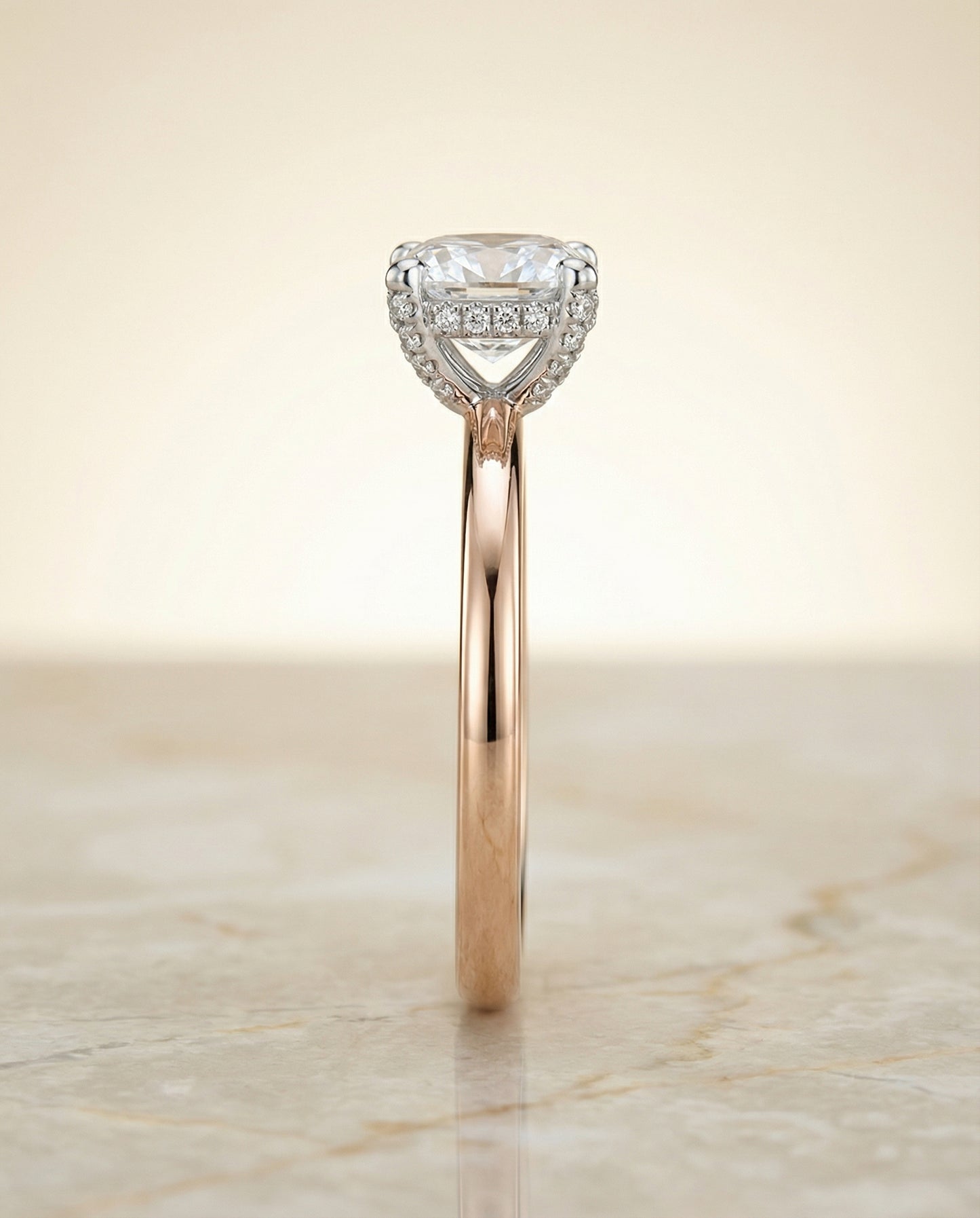 Hidden Pavé Basket Crown Solitaire Cushion, in 14K Rose Gold, prong setting – side profile | RockHer